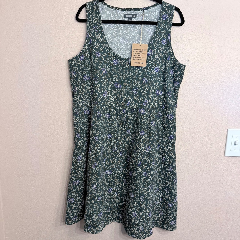 Toad&Co Manzana Tiered SL Dress Pasture Floral Print Green Blue Large NWT